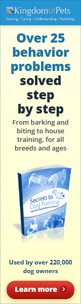 Over 25 behavior problems solved step by step, from barking and biting to house training, for all breeds and ages. Used by over 220,000 dog owners. Shown with the Secrets to Dog Training eBook cover.