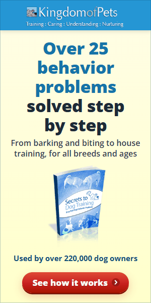 Over 25 behavior problems solved step by step, from barking and biting to house training, for all breeds and ages. Used by over 220,000 dog owners. Shown with the Secrets to Dog Training eBook cover.