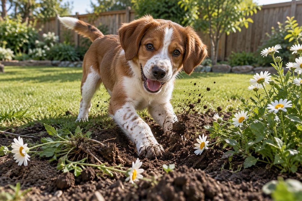 A young dog digging up a bed of newly planted daisies